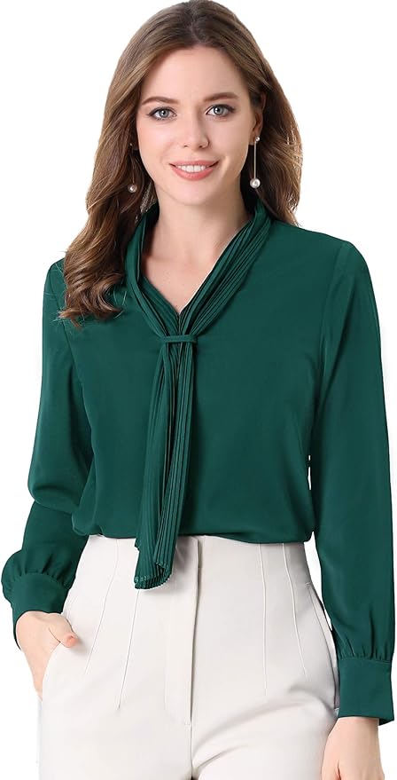 Allegra K Women's Long Sleeve Blouses Chiffon Pleated Tie Neck Office Top Shirt