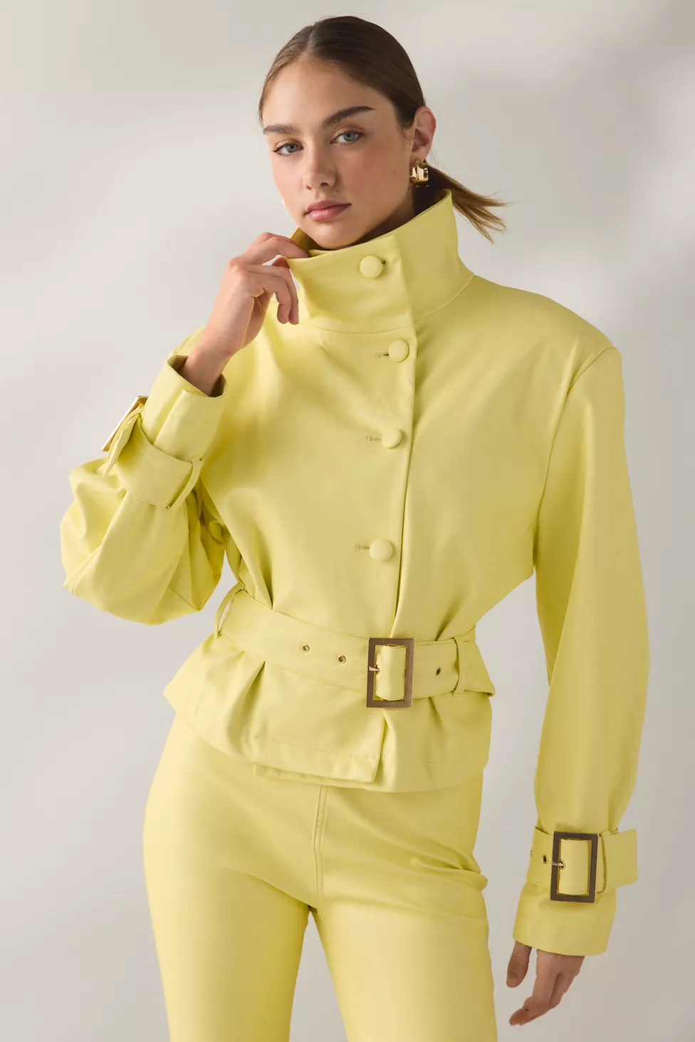 AFRM Scarlette Lemon Meringue Faux Leather Funnel Neck Jacket