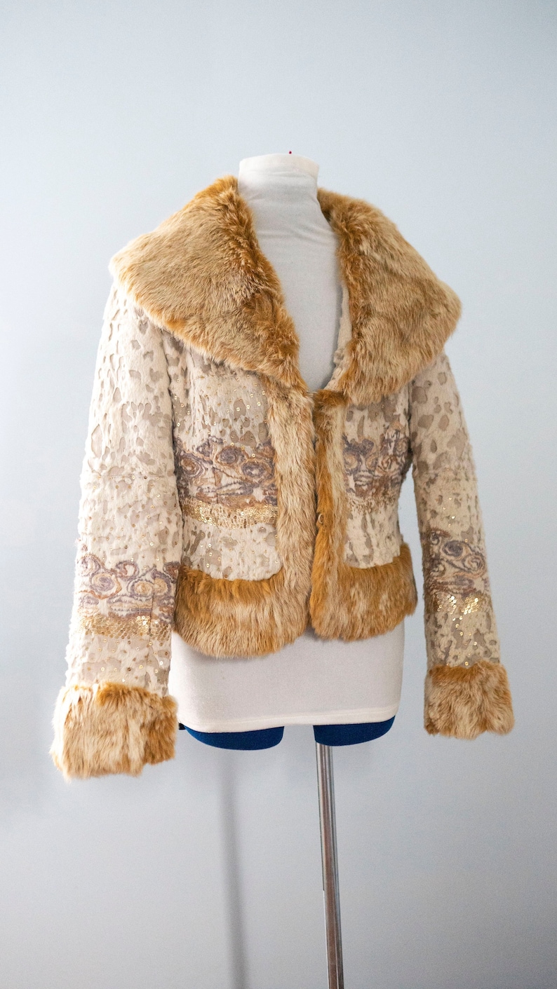 Vintage Bebe Rabbit Fur Leather Gold Cream Gray Gold Sequin Cropped Jacket Coat