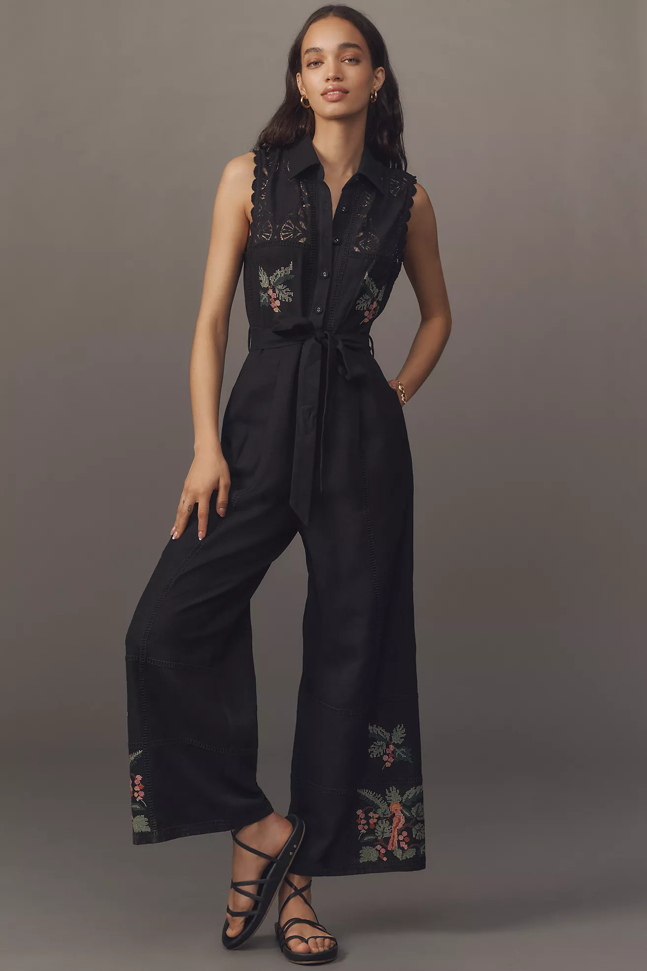 Ranna Gill Belted Crochet Jumpsuit
