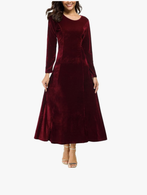 Elegant Long Sleeve Ruched Velvet Stretchy Long Dress