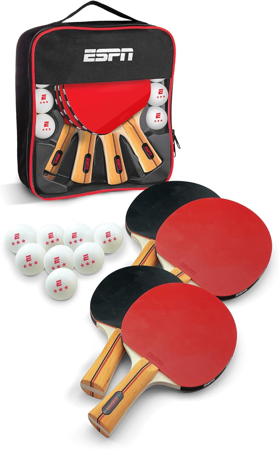 ESPN Ping Pong Paddles (Set of 4) and 3 Star Ping Pong Balls (Set of 8) with Travel Case