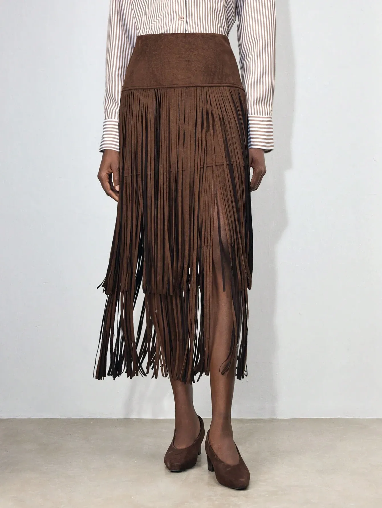 Mid-Waist Cinched Waist Fringe Patchwork Design Urban Commute Business Casual Elegant Office Skirt