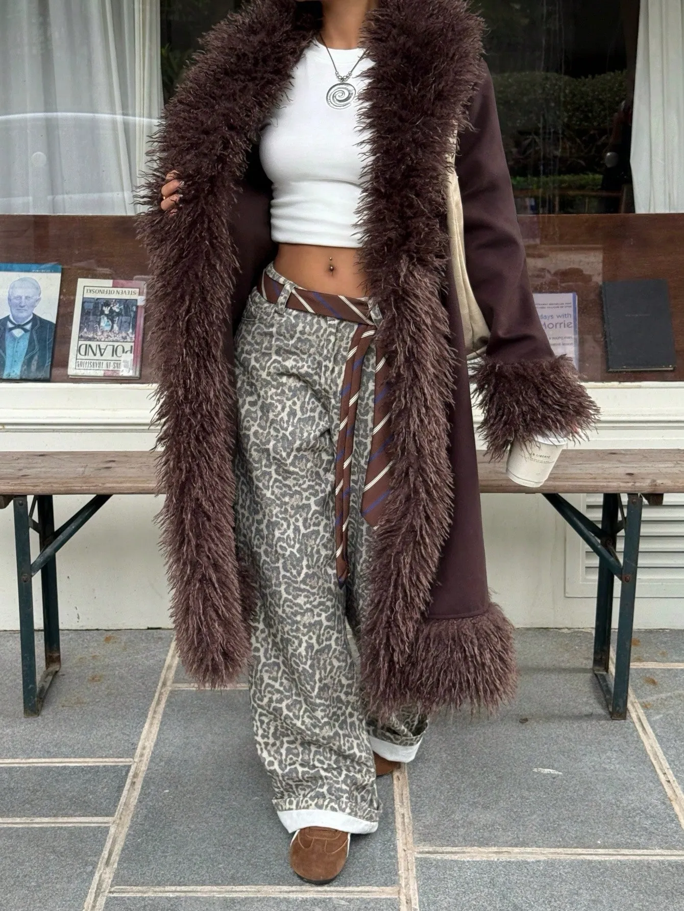 EZwear Women's Brown Long Woolen Fuzzy Coat
