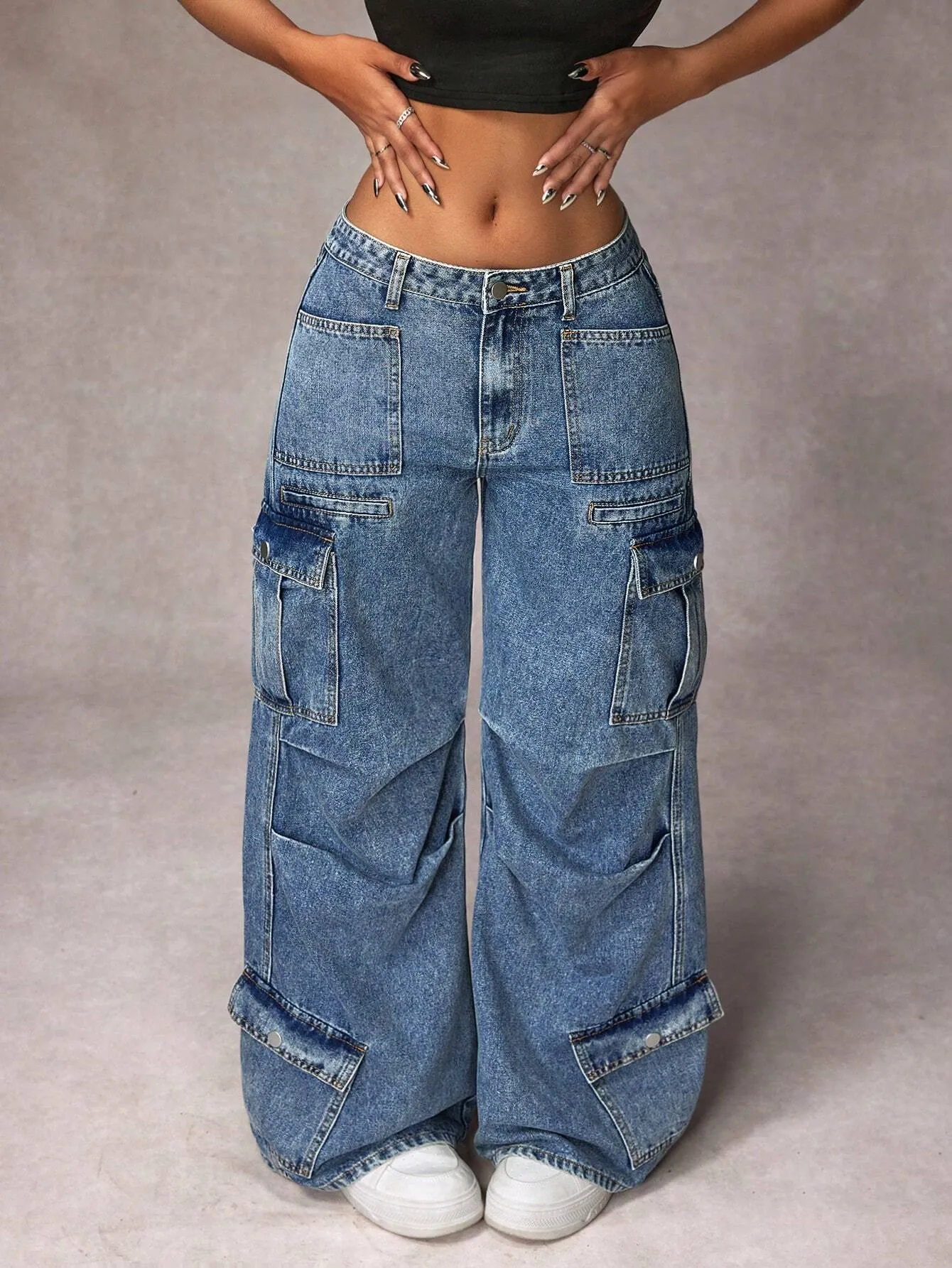 Women's Casual Washed Wide Leg Cargo Jeans