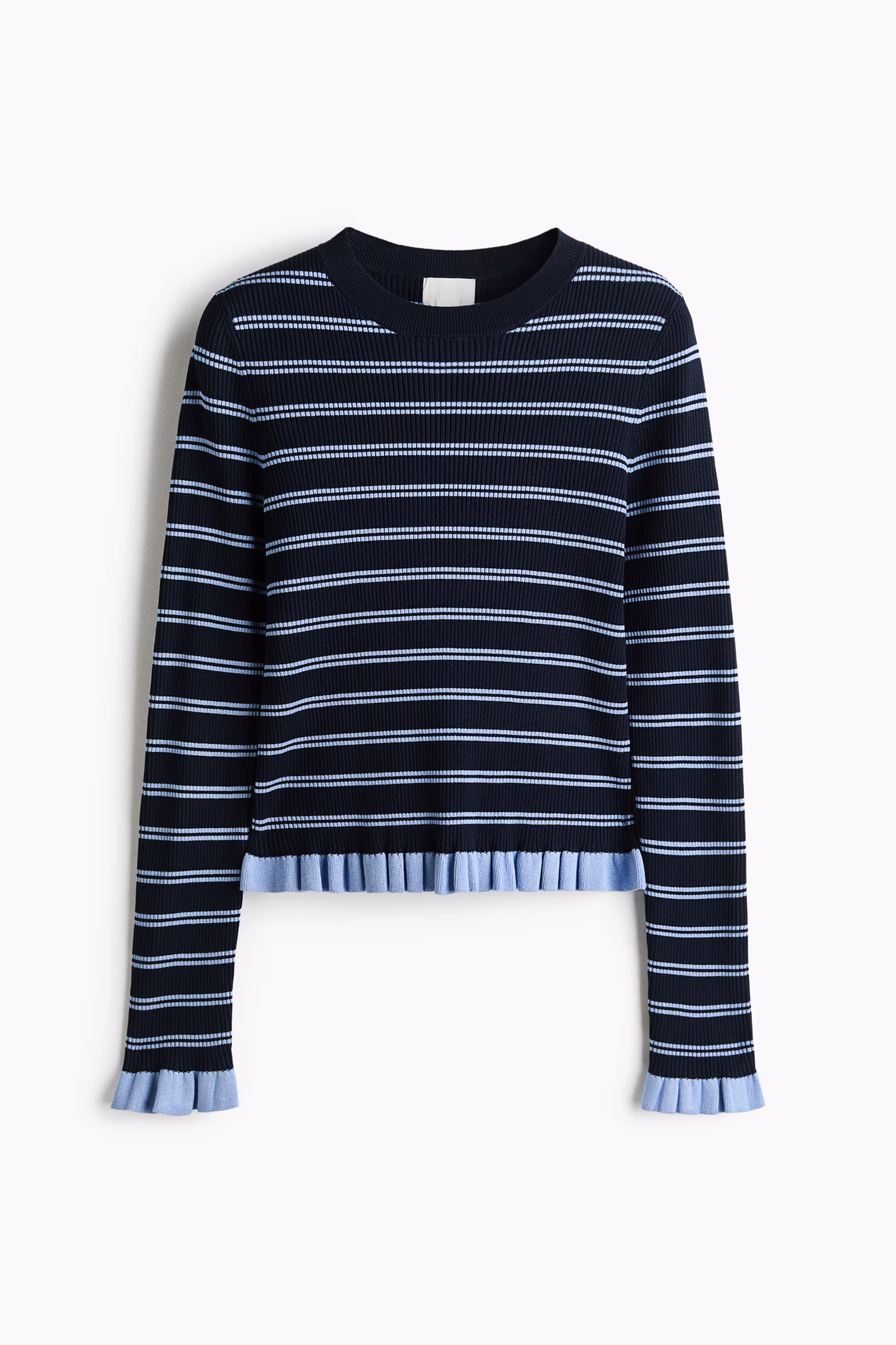 Women's Navy blue/striped Ruffle-Trimmed Rib-Knit Top