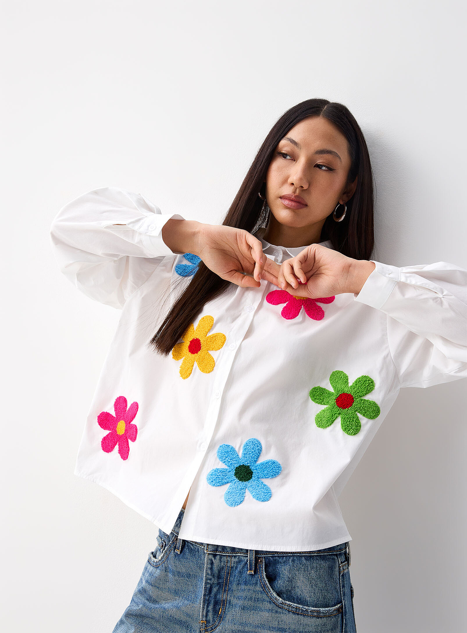 High-pile fleece flowers shirt