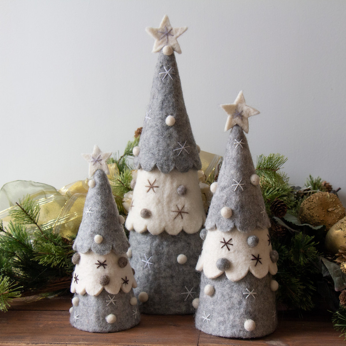 Handmade Felt Christmas Tree Topper or Tabletop Decor, Set of 3 Grey