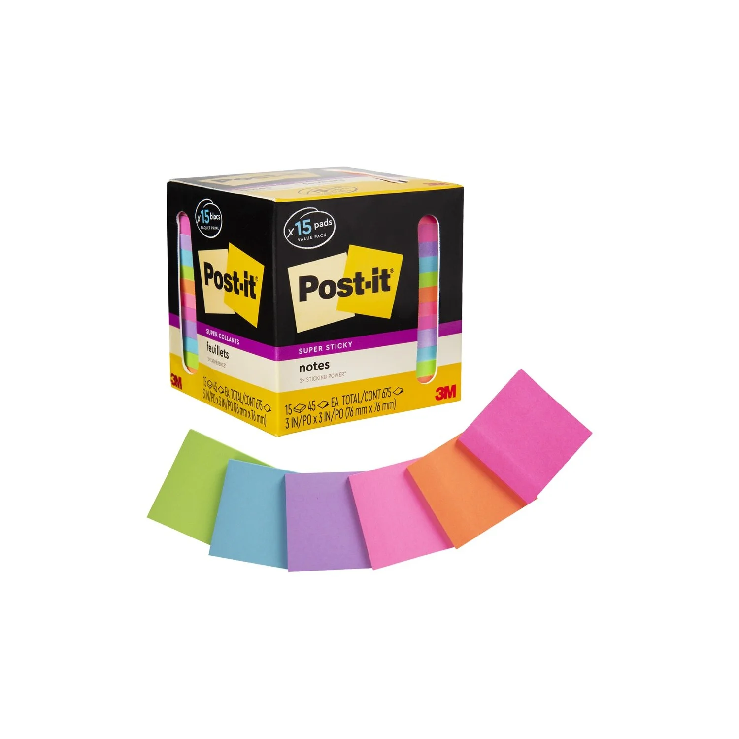 Post-it Super Sticky Notes  3 in. x 3 in.  Assorted Bright colors  15 Pads