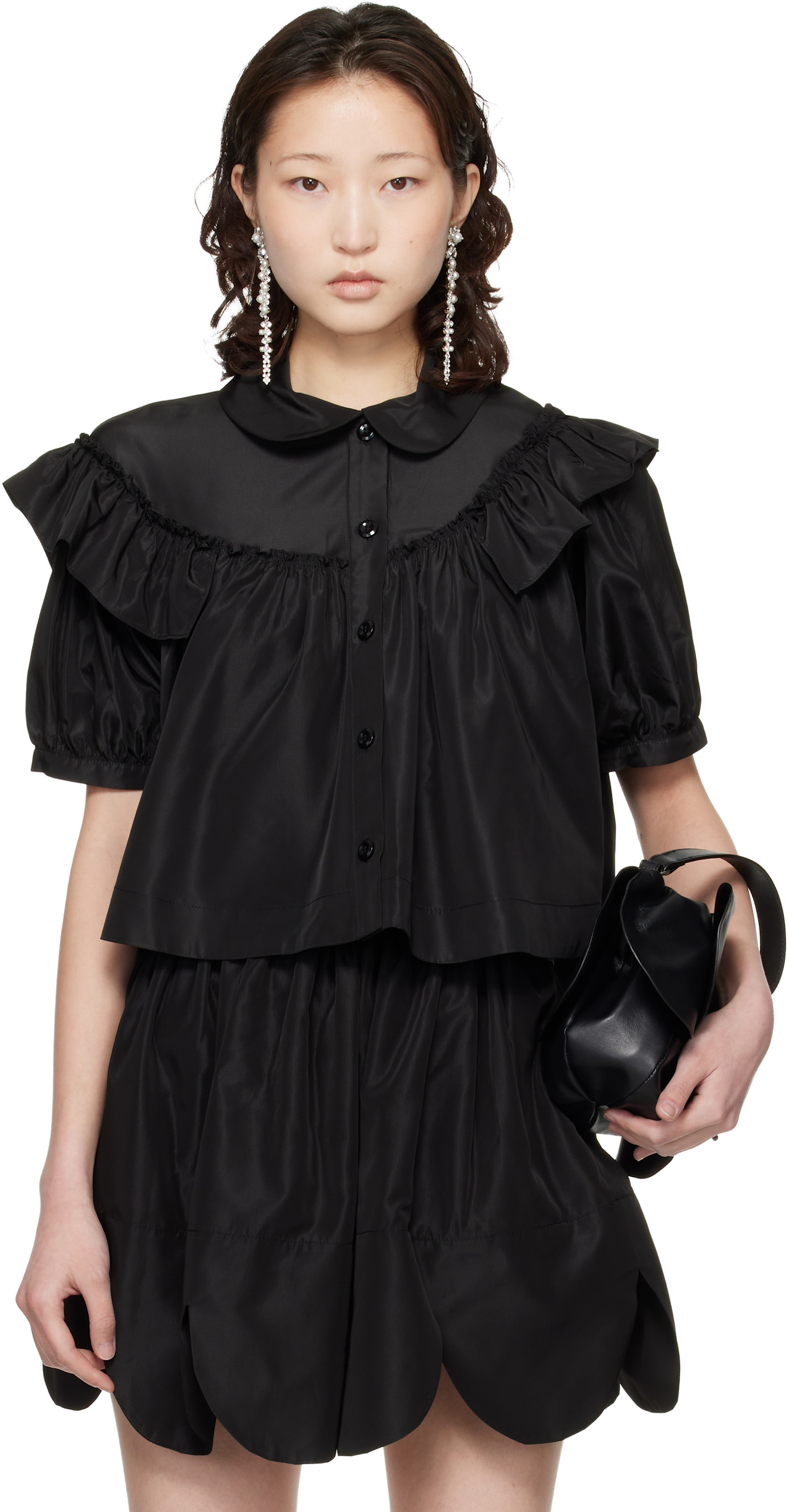 Black Cropped Puff Sleeve Ruffle Frill Shirt
