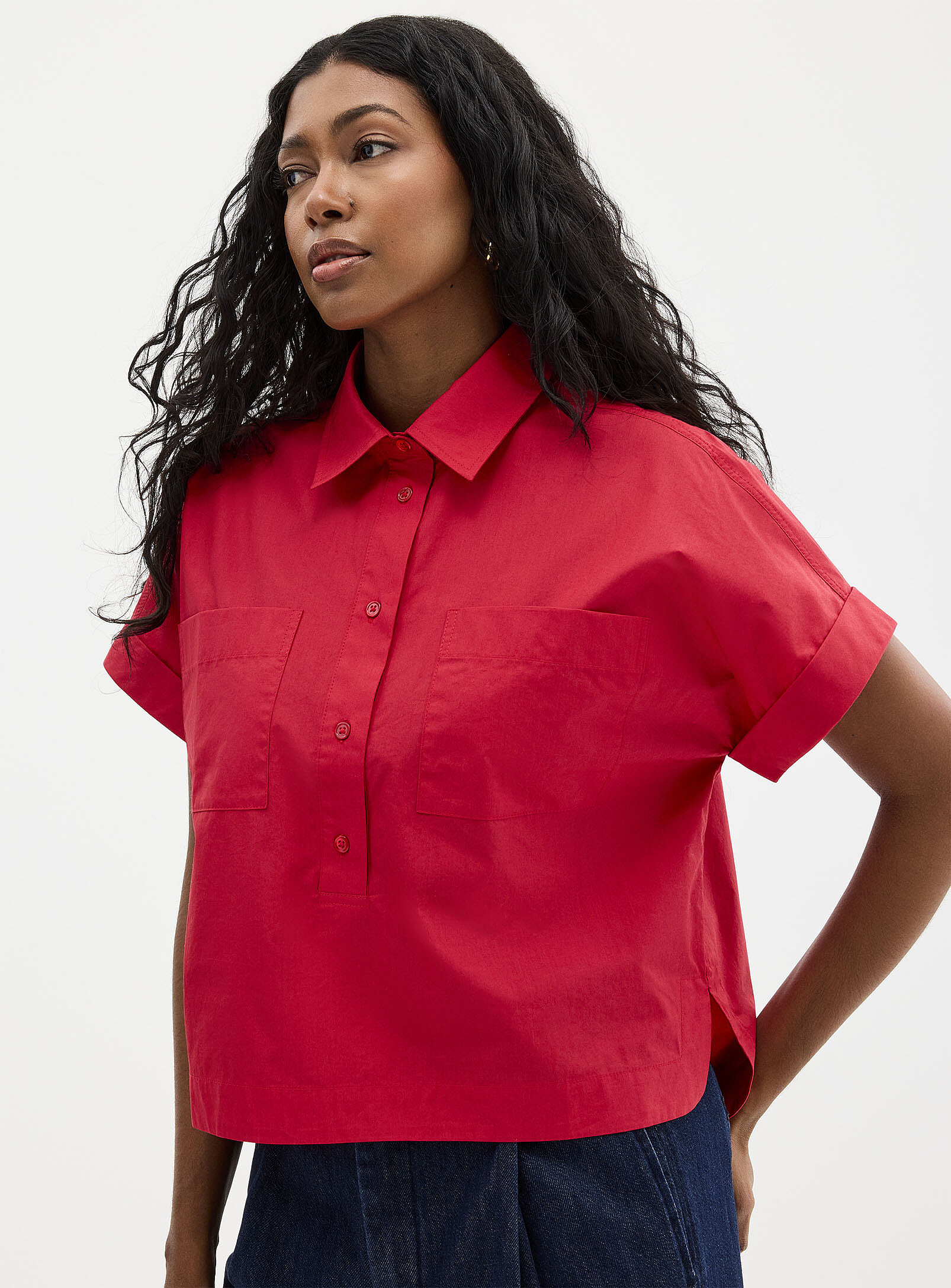 Patch pockets boxy-fit poplin shirt
