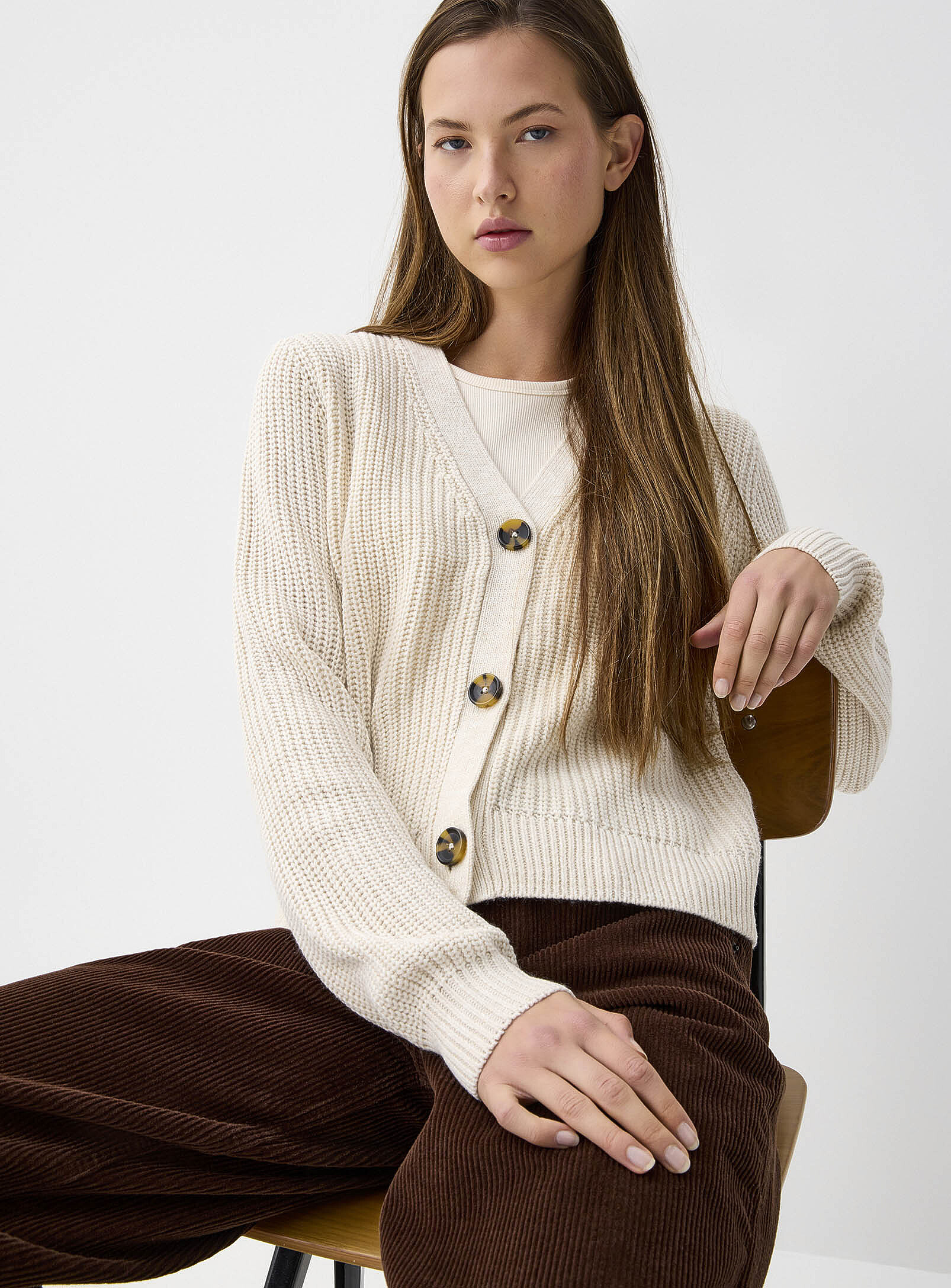 Button-up shaker-rib cropped cardigan