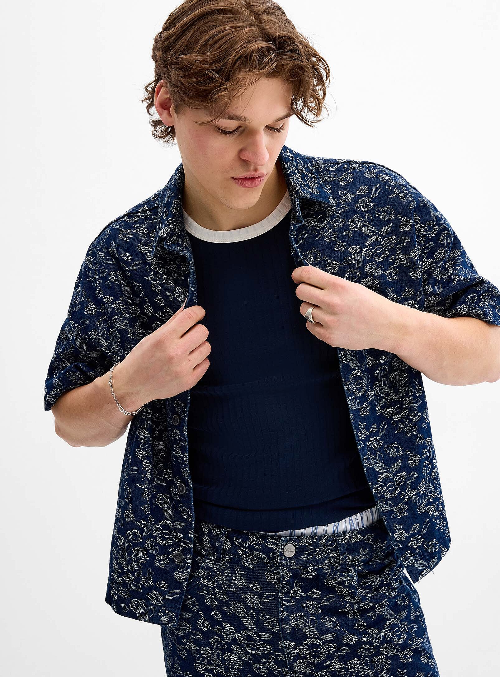 Floral jacquard denim shirt