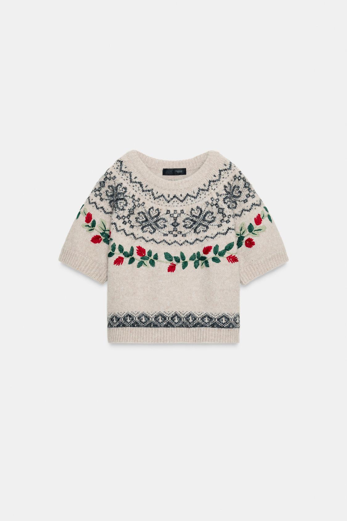 SHORT SLEEVE EMBROIDERED JACQUARD KNIT JUMPER