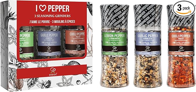 Coffret d'épices Soeos (3 épices avec moulins intégrés) : épices pour grillades
