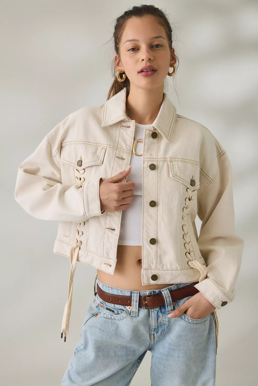 BLANKNYC Lace-Up Cream Denim Jacket