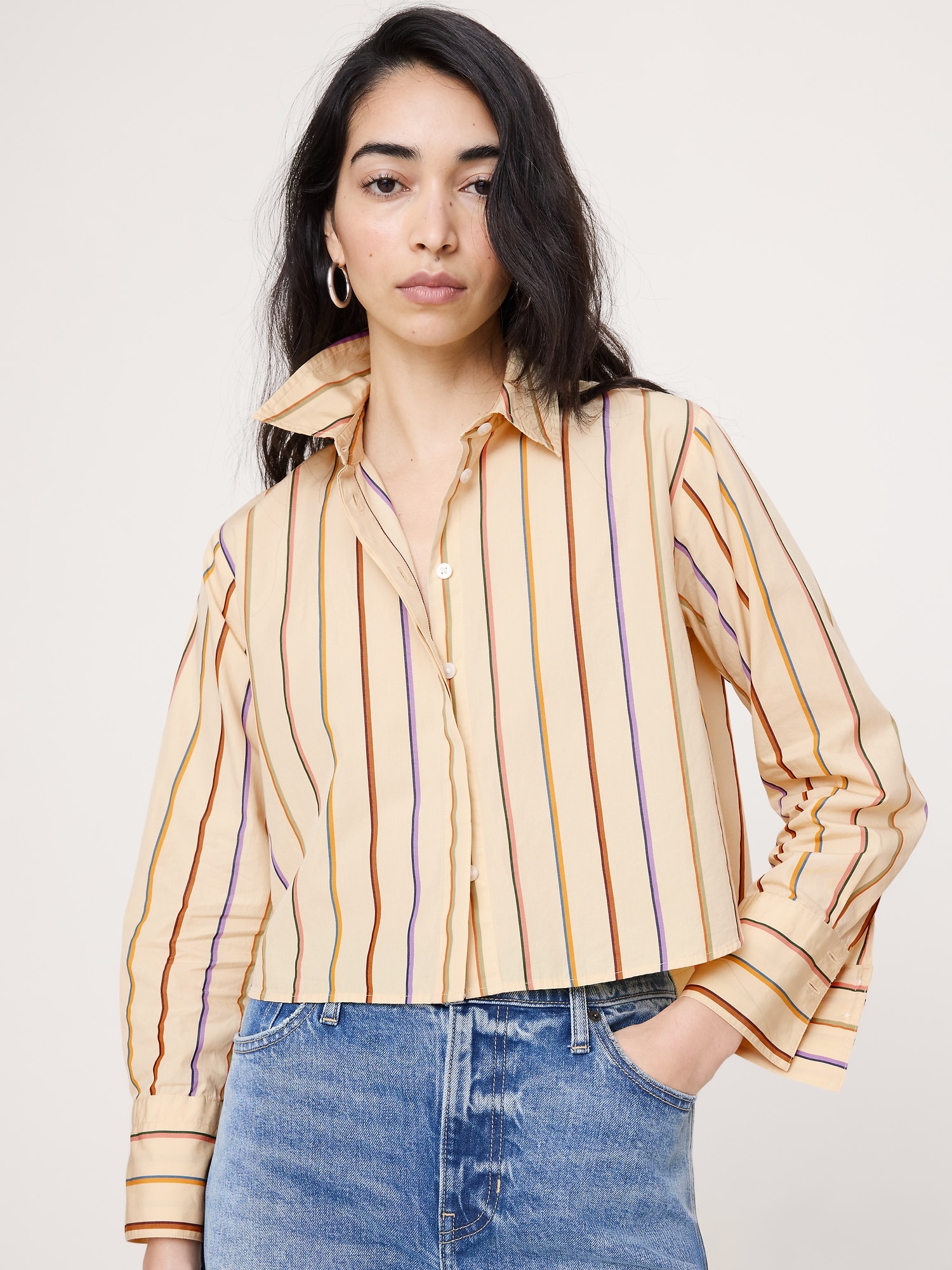 Cropped Cotton Poplin Shirt with Elbow Patches