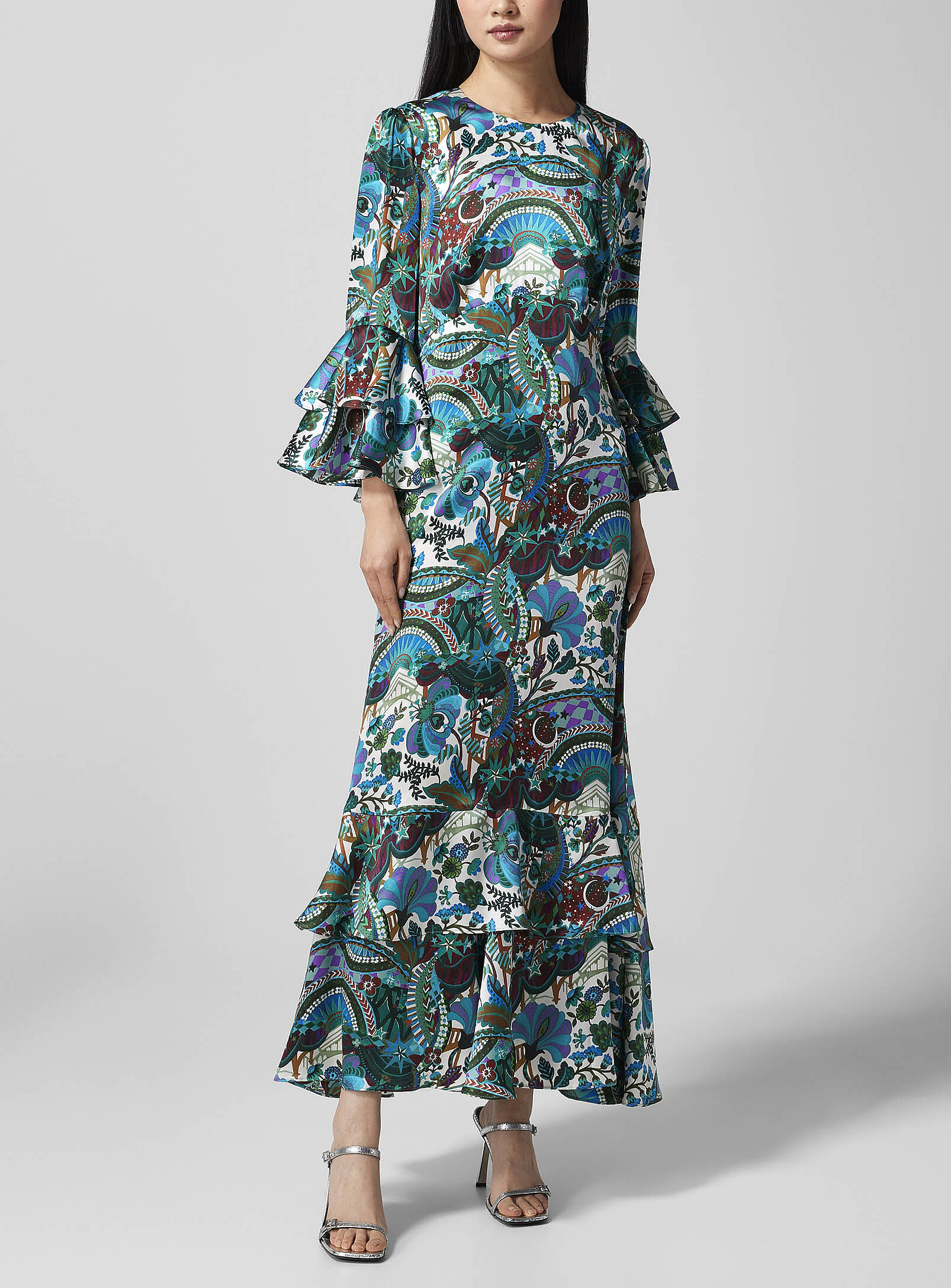 Pure silk ruffled floral dress