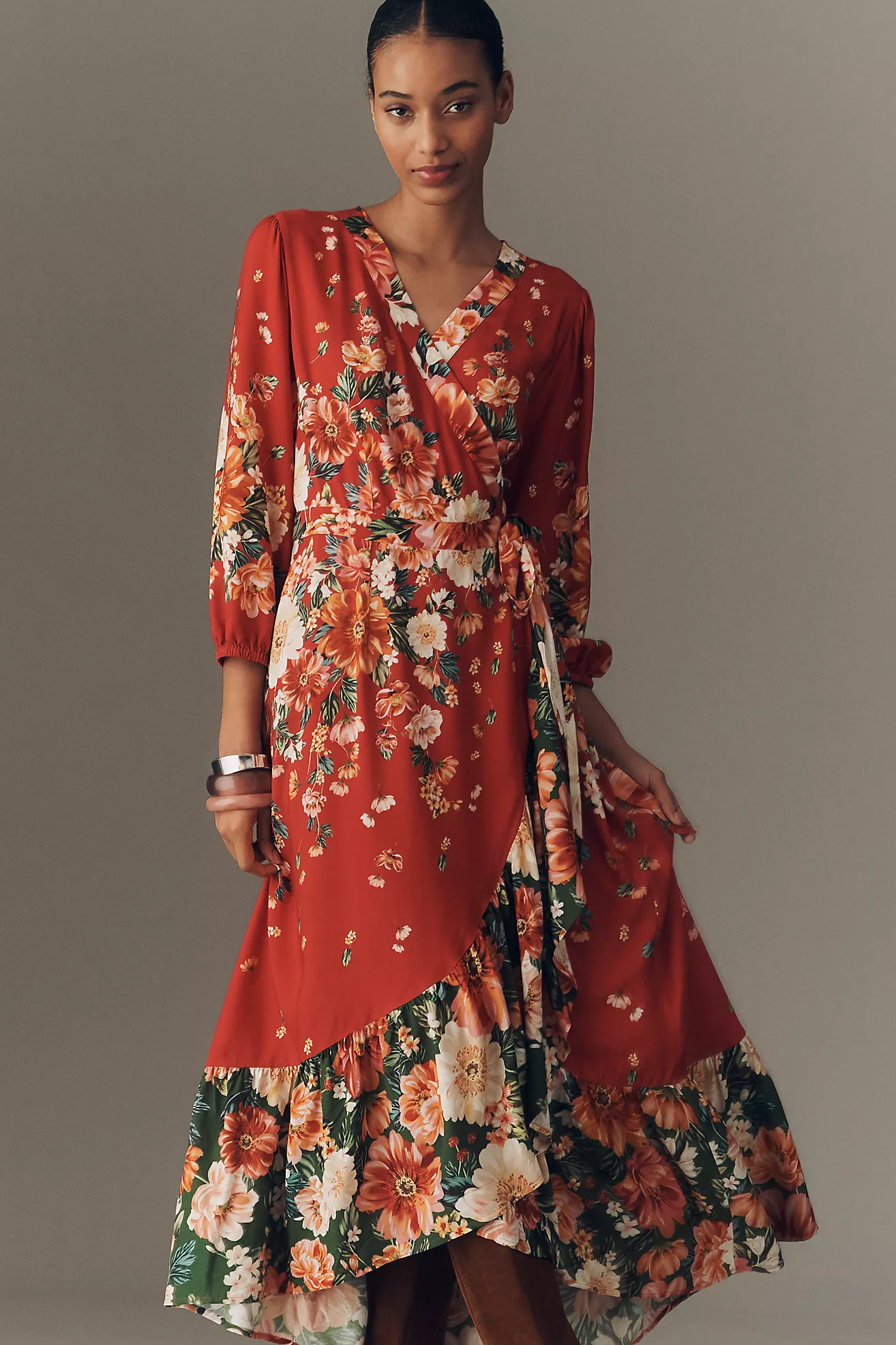 Farm Rio Long-Sleeve Floral Wrap Midi Dress