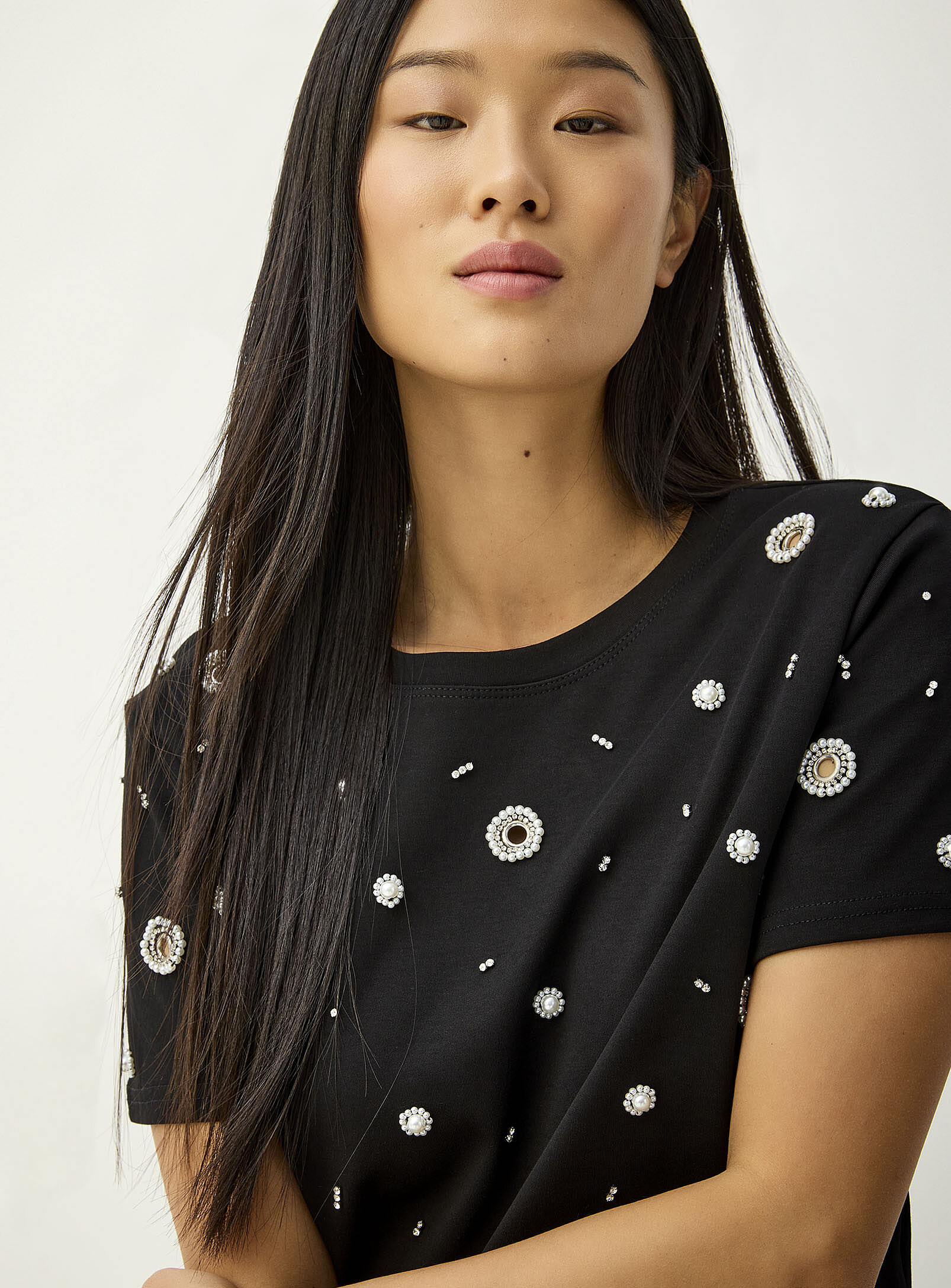 Beads and eyelets boxy-fit T-shirt