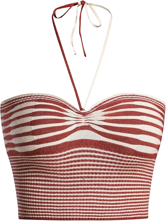 SweatyRocks Women's Striped Tie Backless Halter Top Sleeveless Knitted Crop Cami Tank