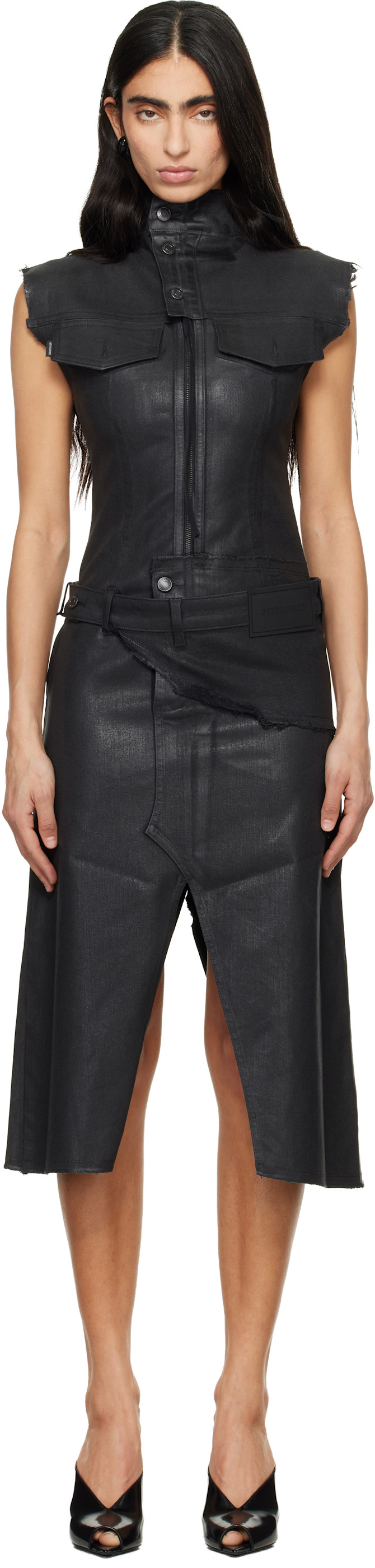 Black Glazed Denim Belted Midi Dress