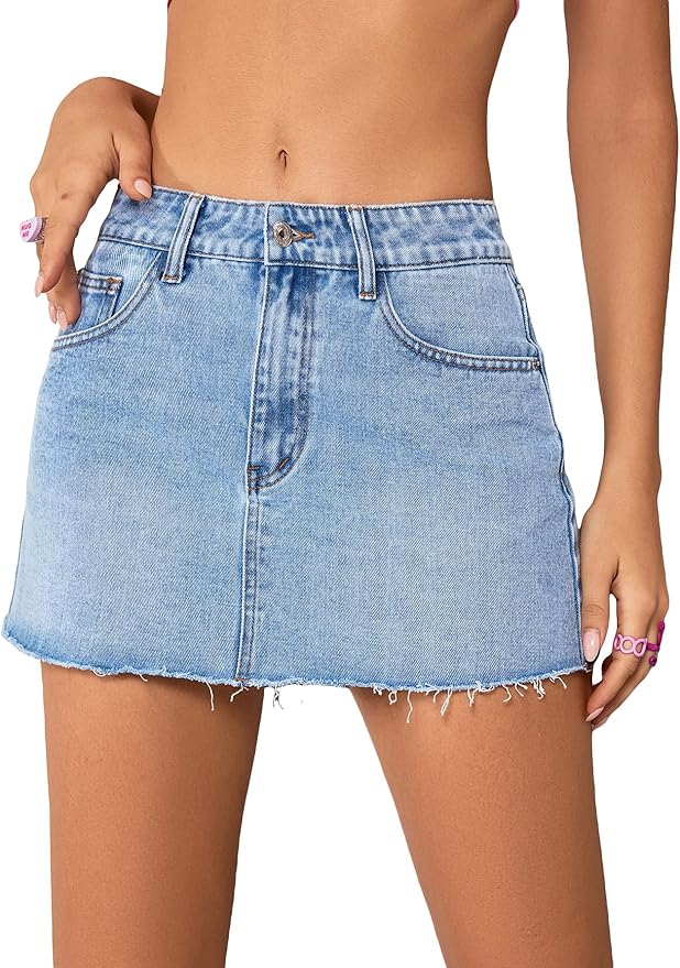 Women's Causal High Waist Raw Hem Pocket Denim Jean Short Skirt