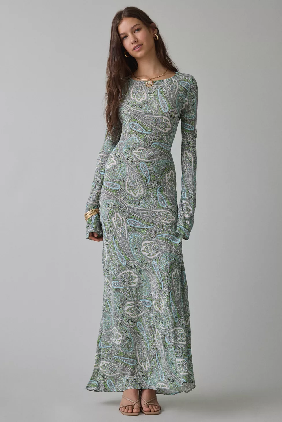 AFRM Jetta Aqua Paisley Mesh Long Sleeve Maxi Dress