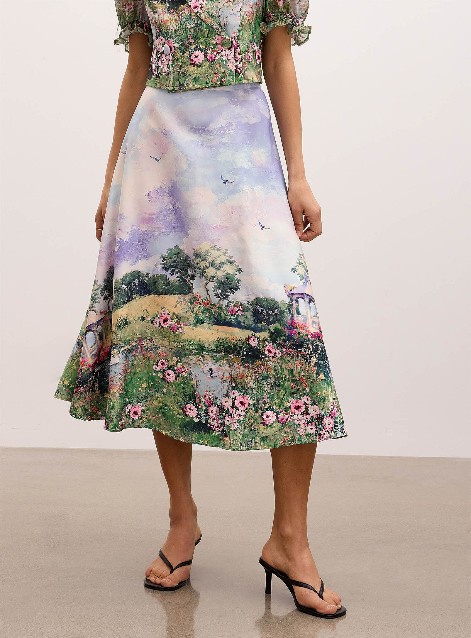 Bucolic landscape flared midi skirt