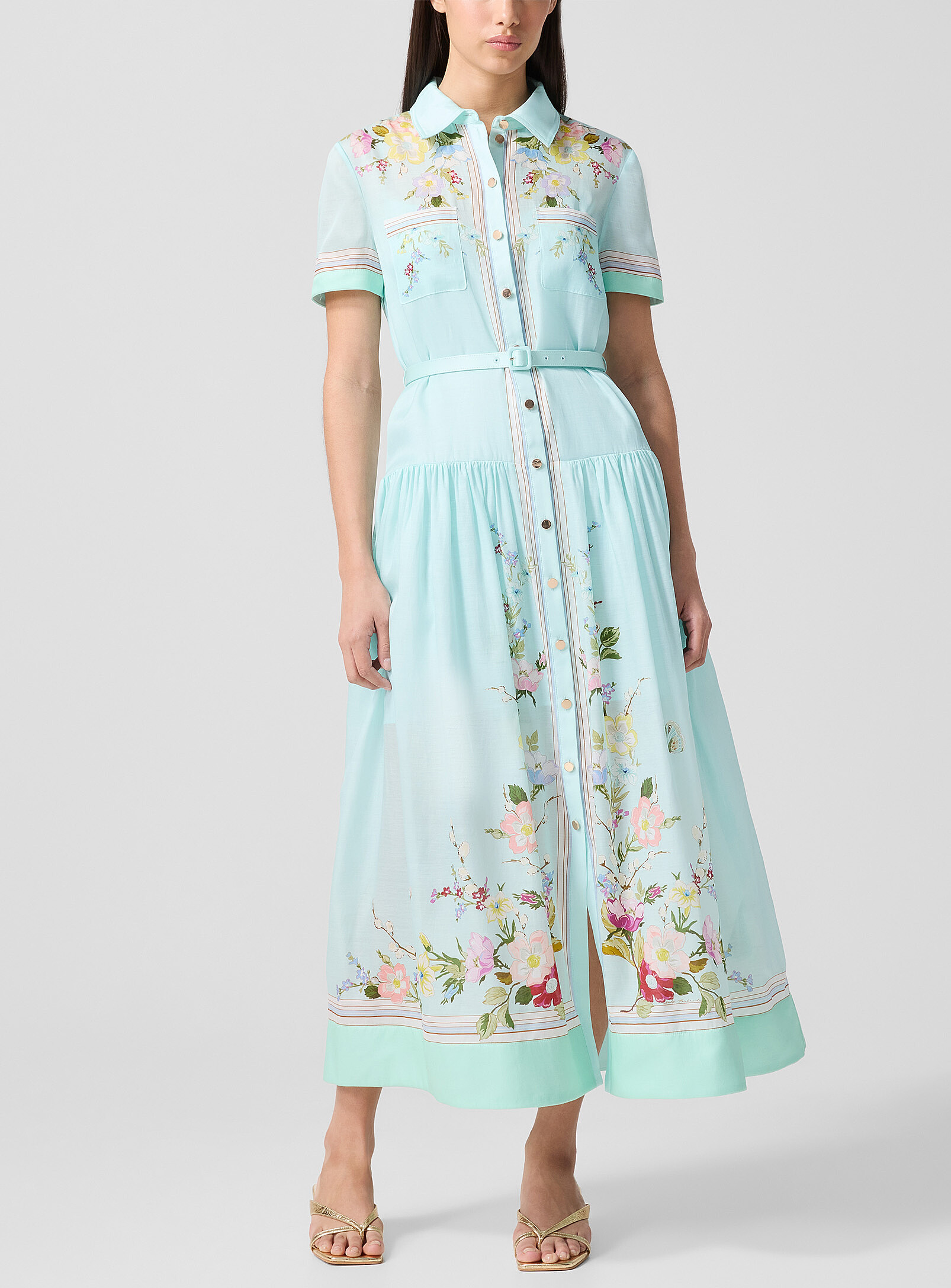 Mint-coloured floral shirt dress