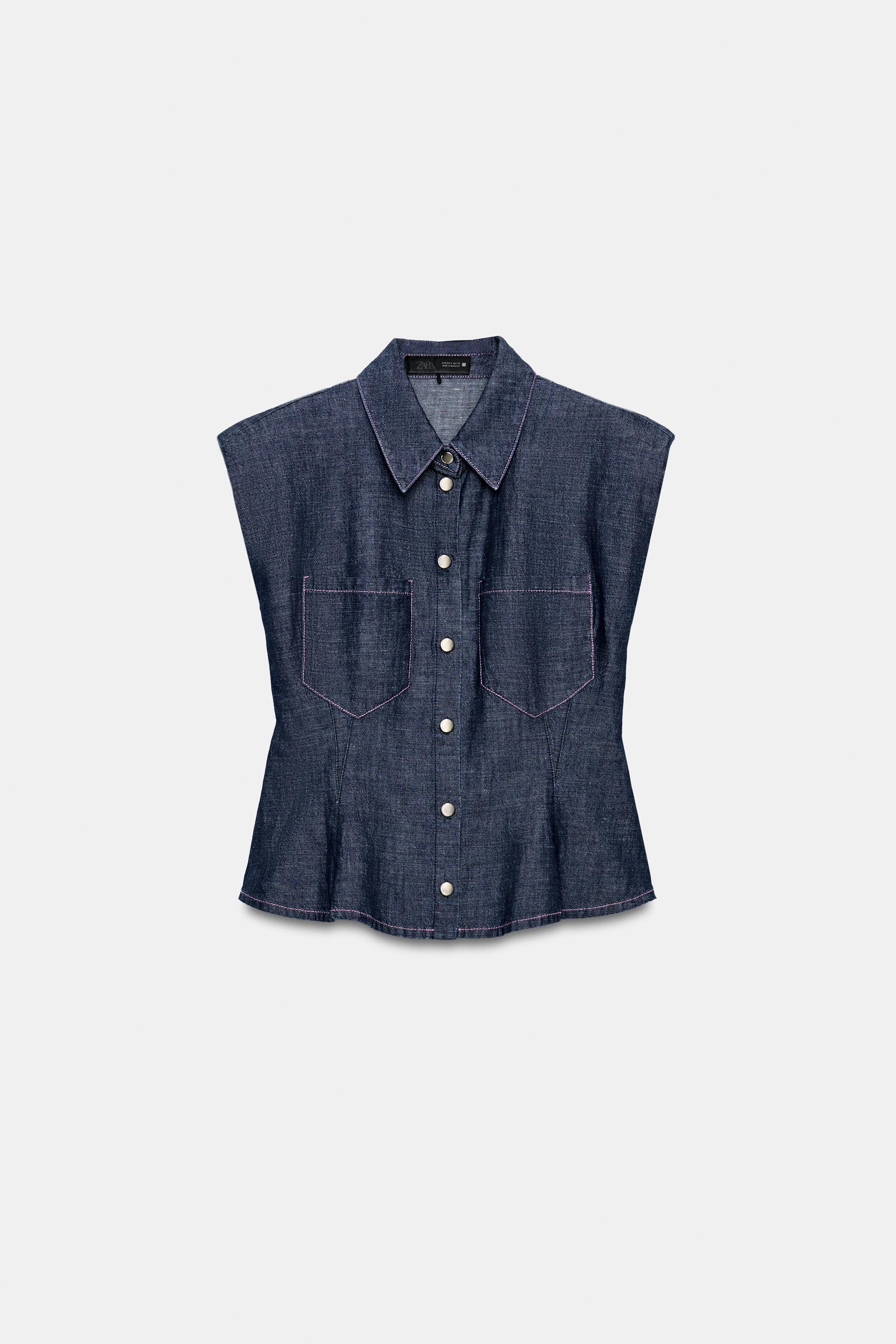 LINEN BLEND PEPLUM SHIRT WITH SHOULDER PADS
