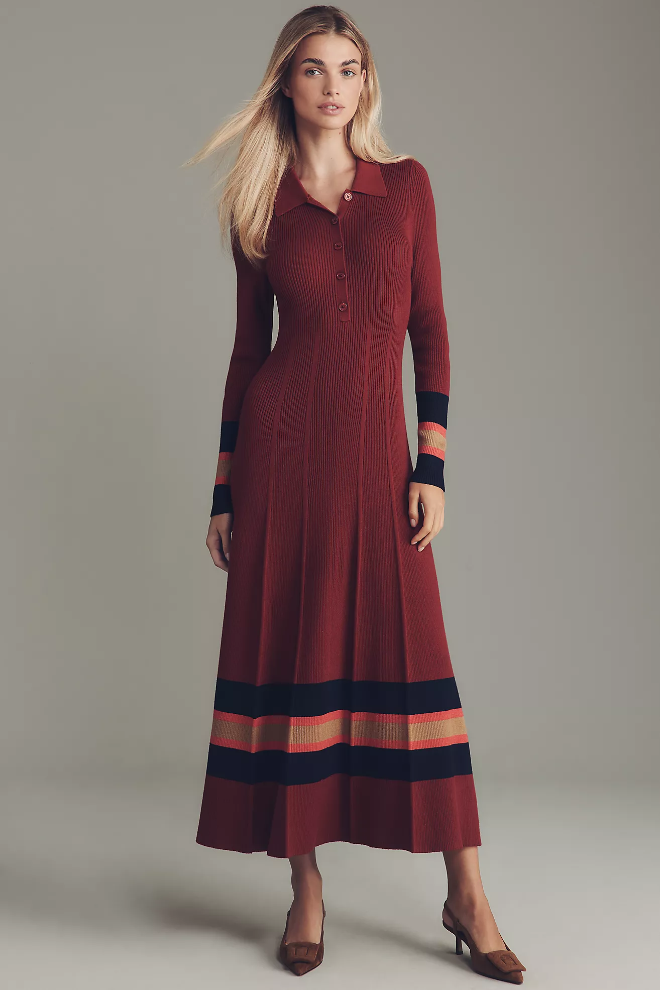 Maeve Pleated Long-Sleeve Midi Sweater Dress