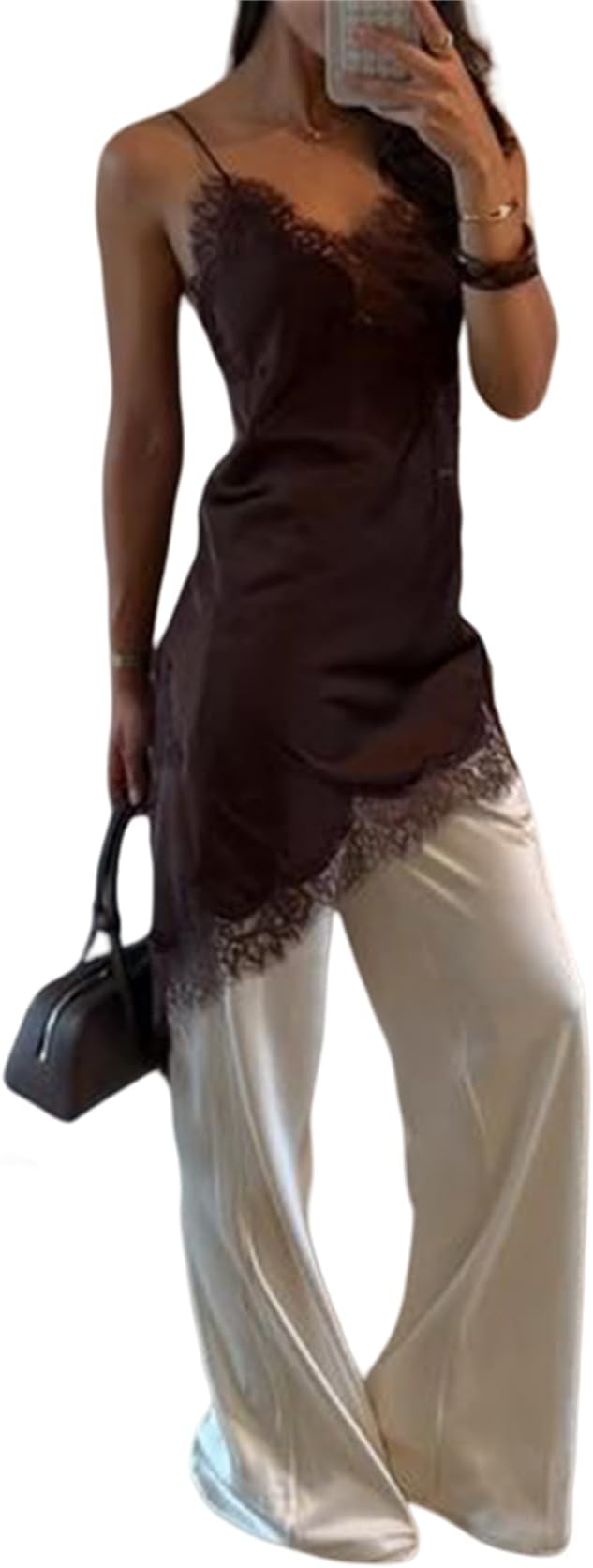 Satin Lace Trim Patchwork Cami Tops