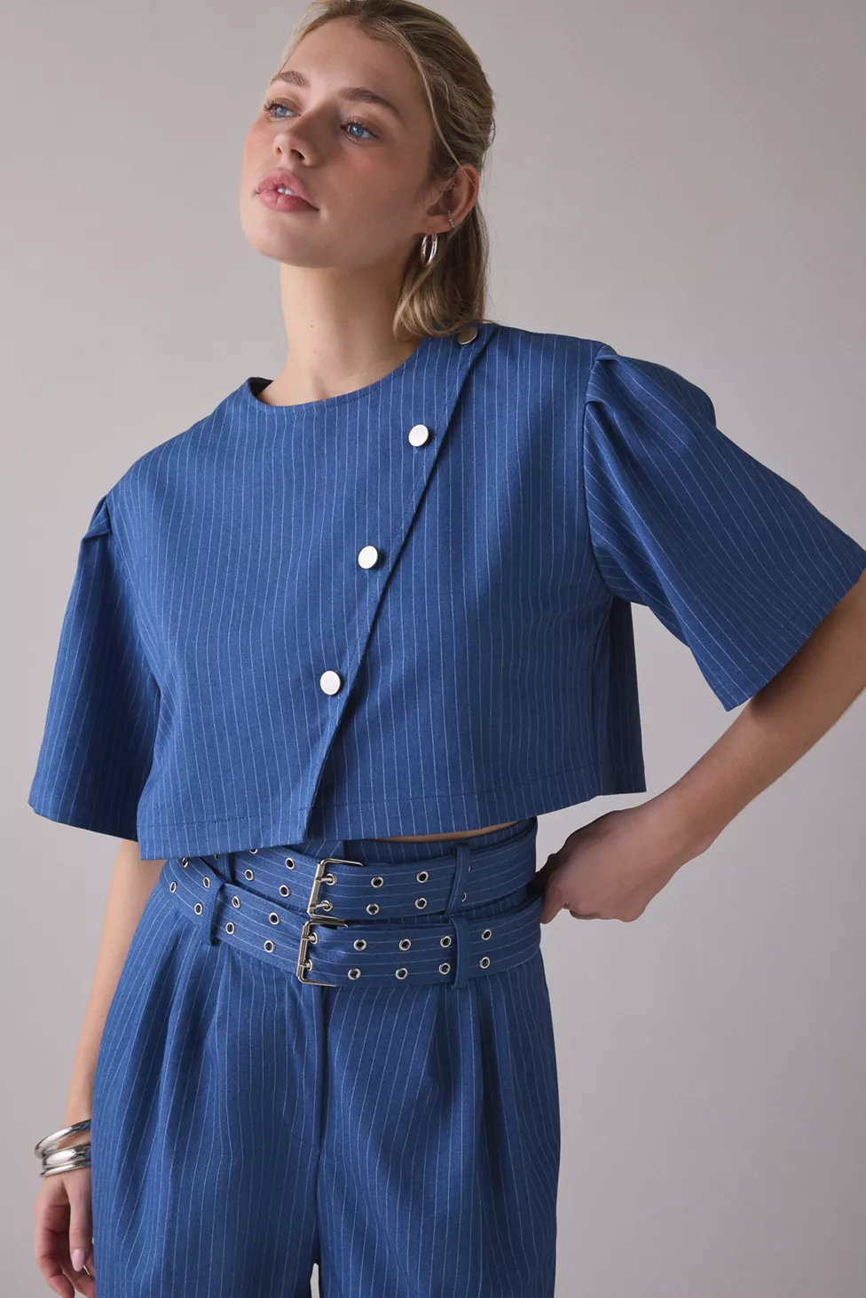 Ghospell Bettie Pinstripe Asymmetric Crop Top