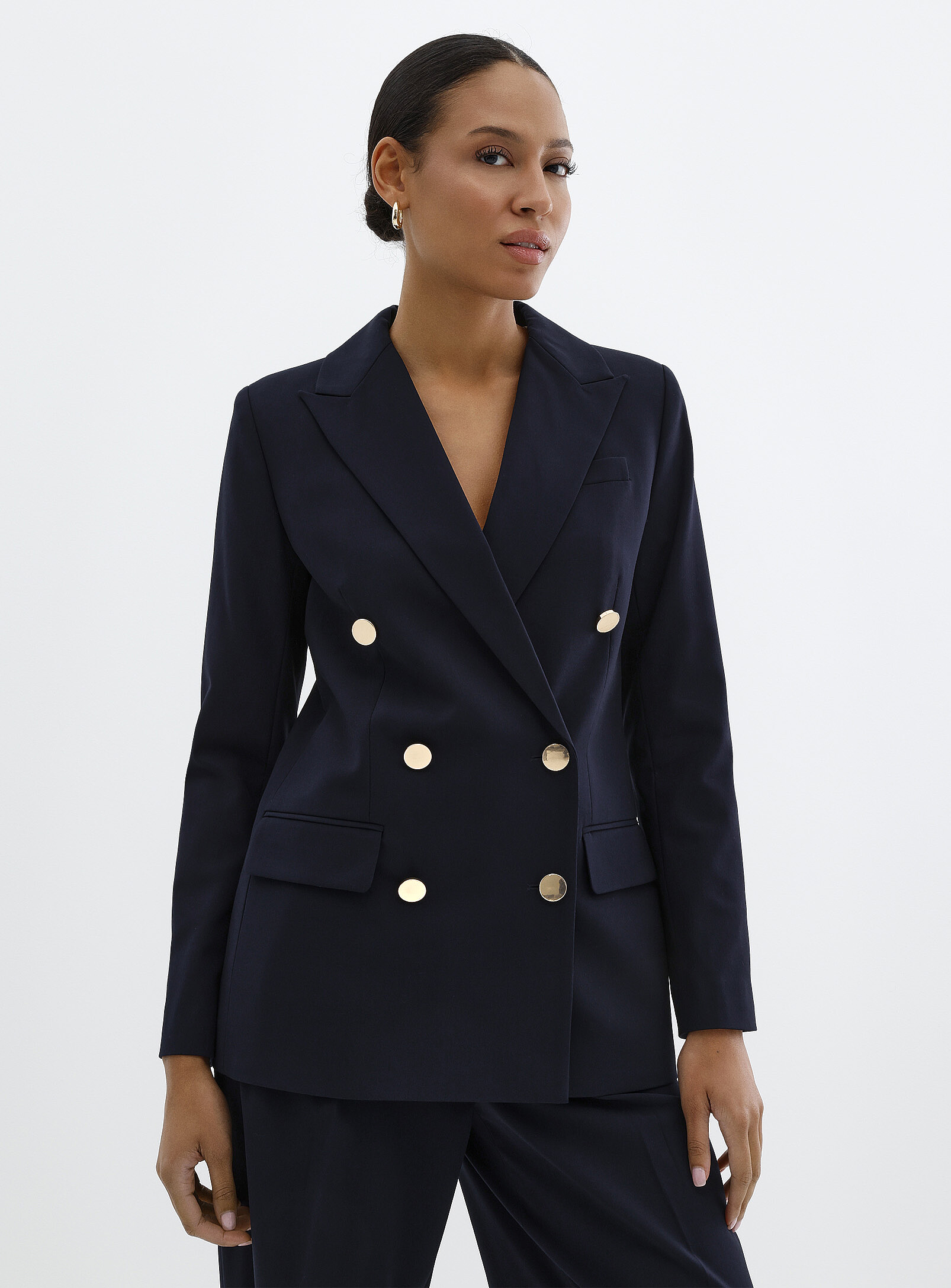 Golden-button double-breasted blazer