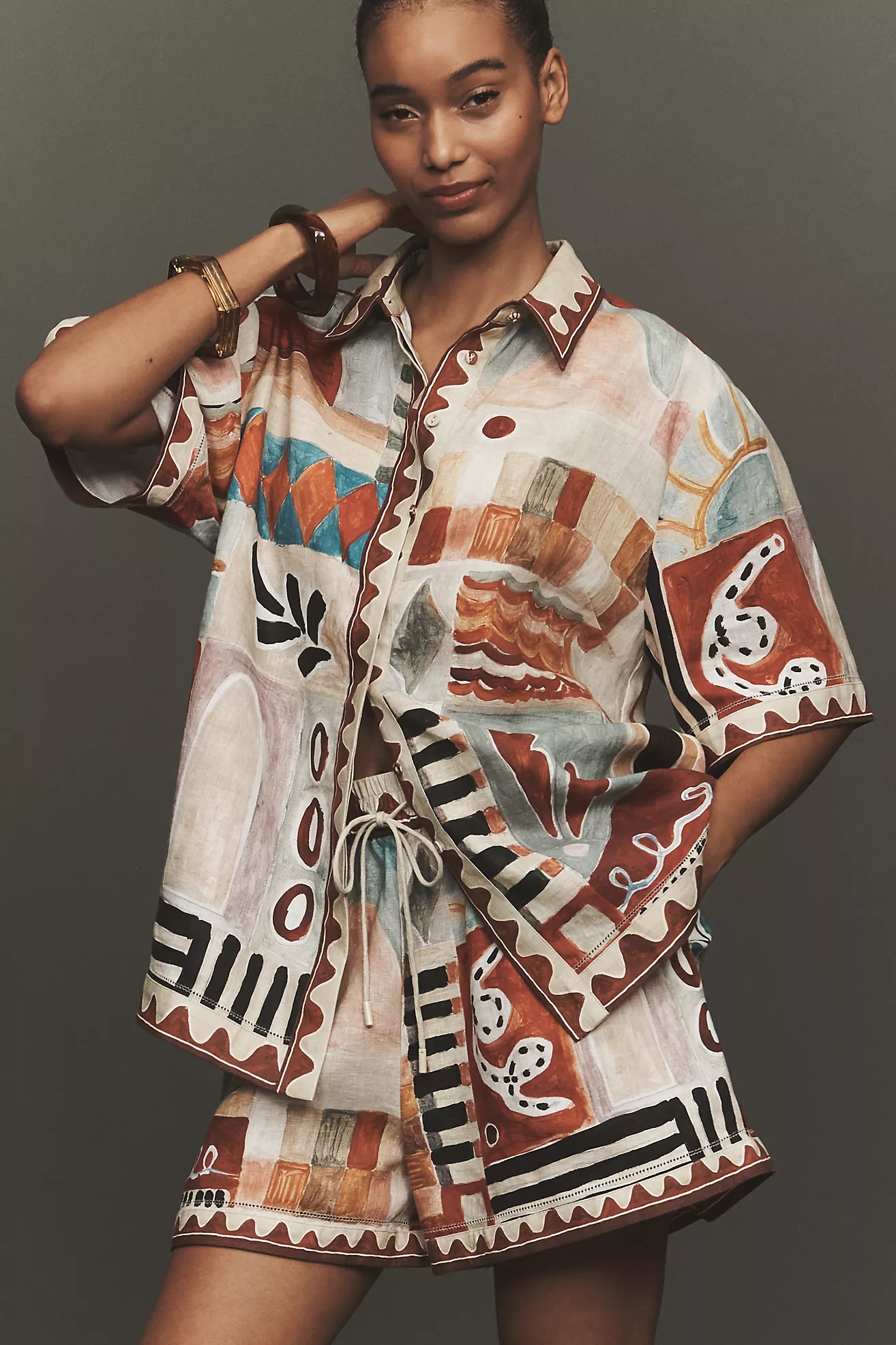 ALÉMAIS Michelle Linen Short-Sleeve Buttondown Shirt