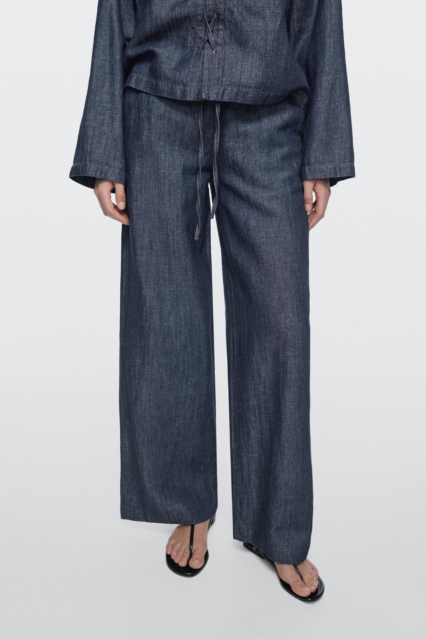 Total look linen blend wide-leg jeans