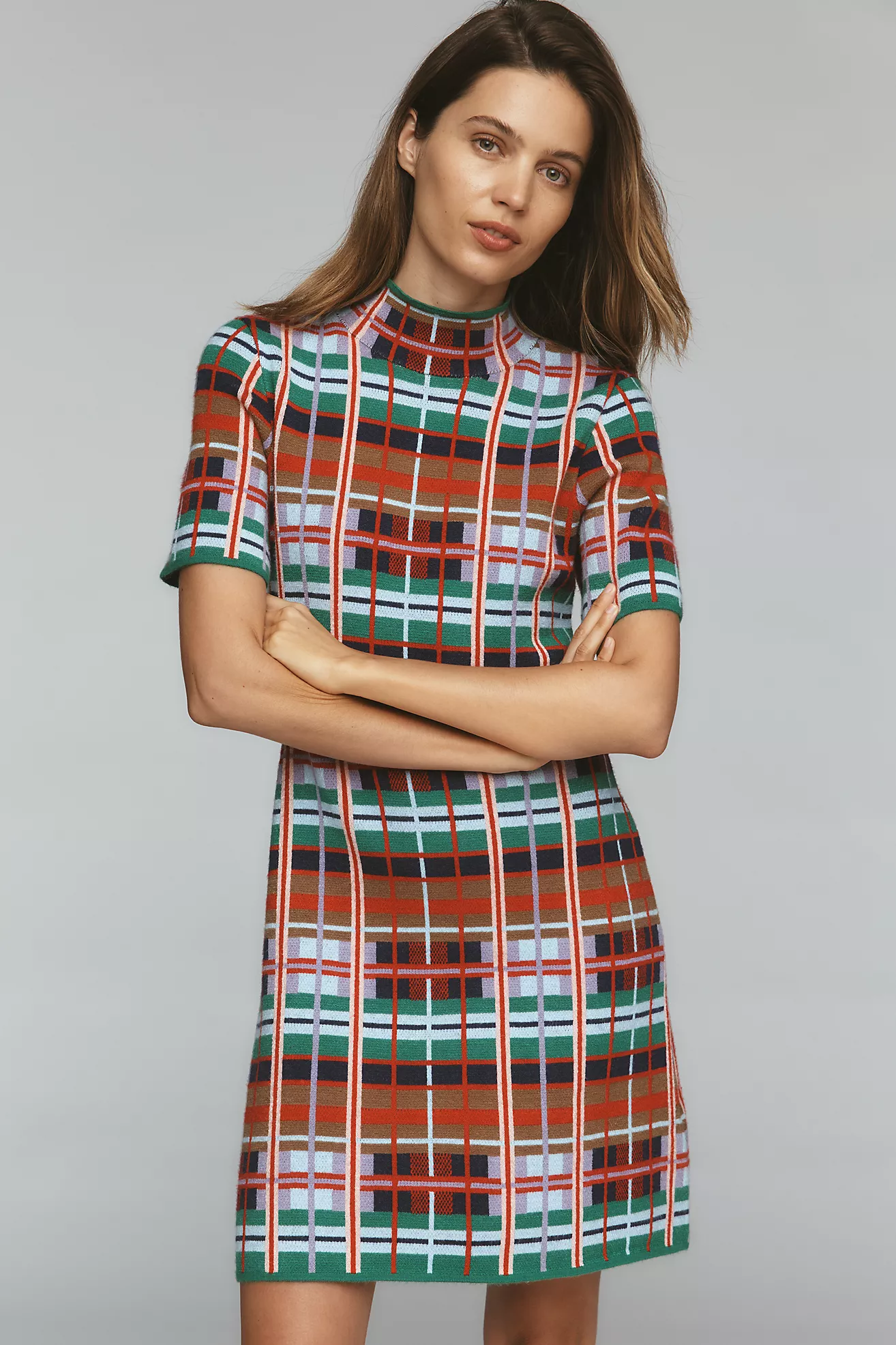 The Nina Short-Sleeve Mock-Neck Mod Sweater Mini Dress