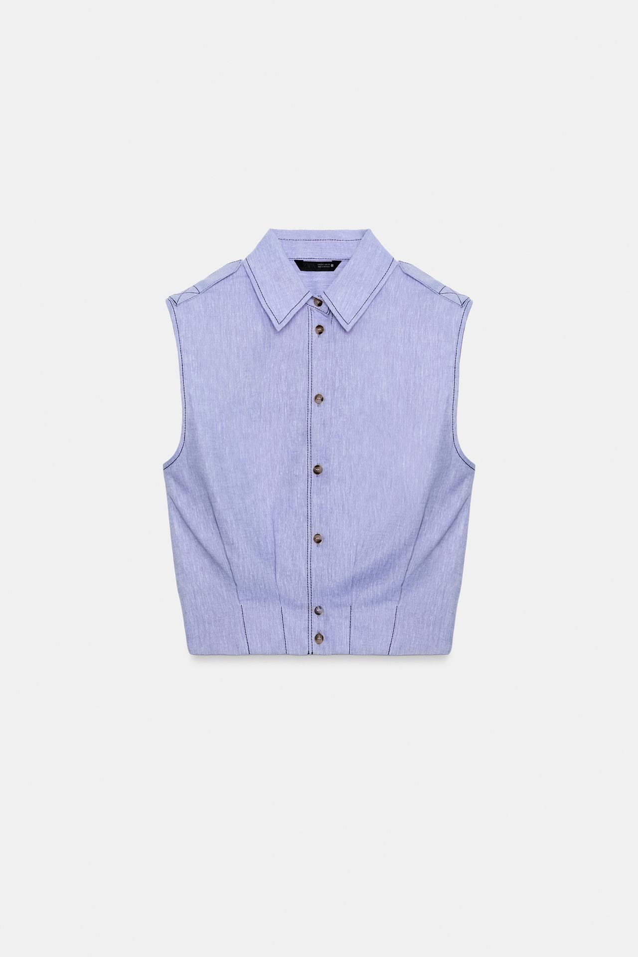 LINEN TOP WITH TOPSTITCHING