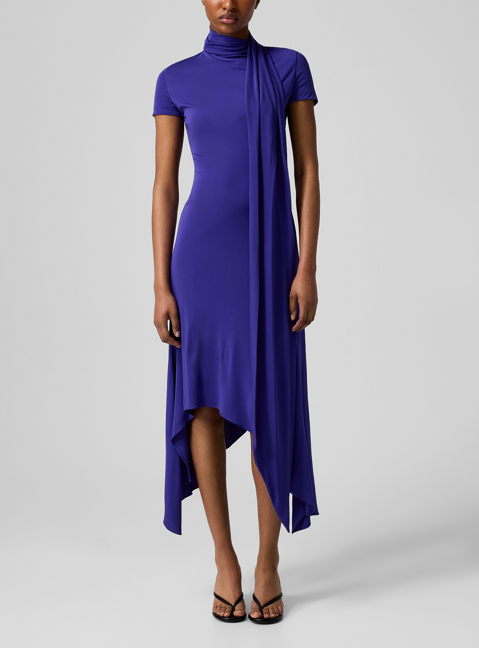 Scarved mock-neck asymmetrical dress