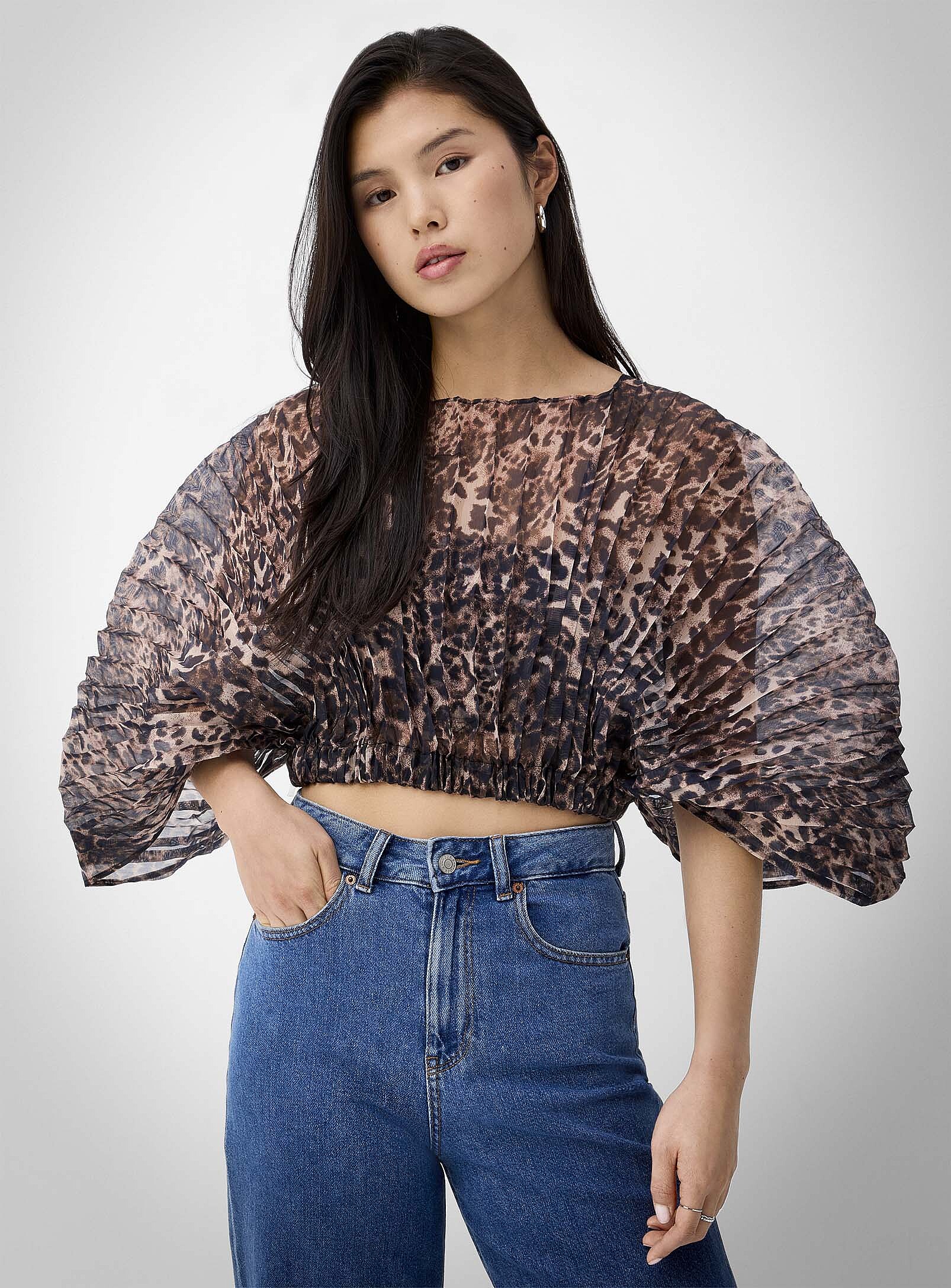 Pleated organza leopard butterfly-sleeve blouse