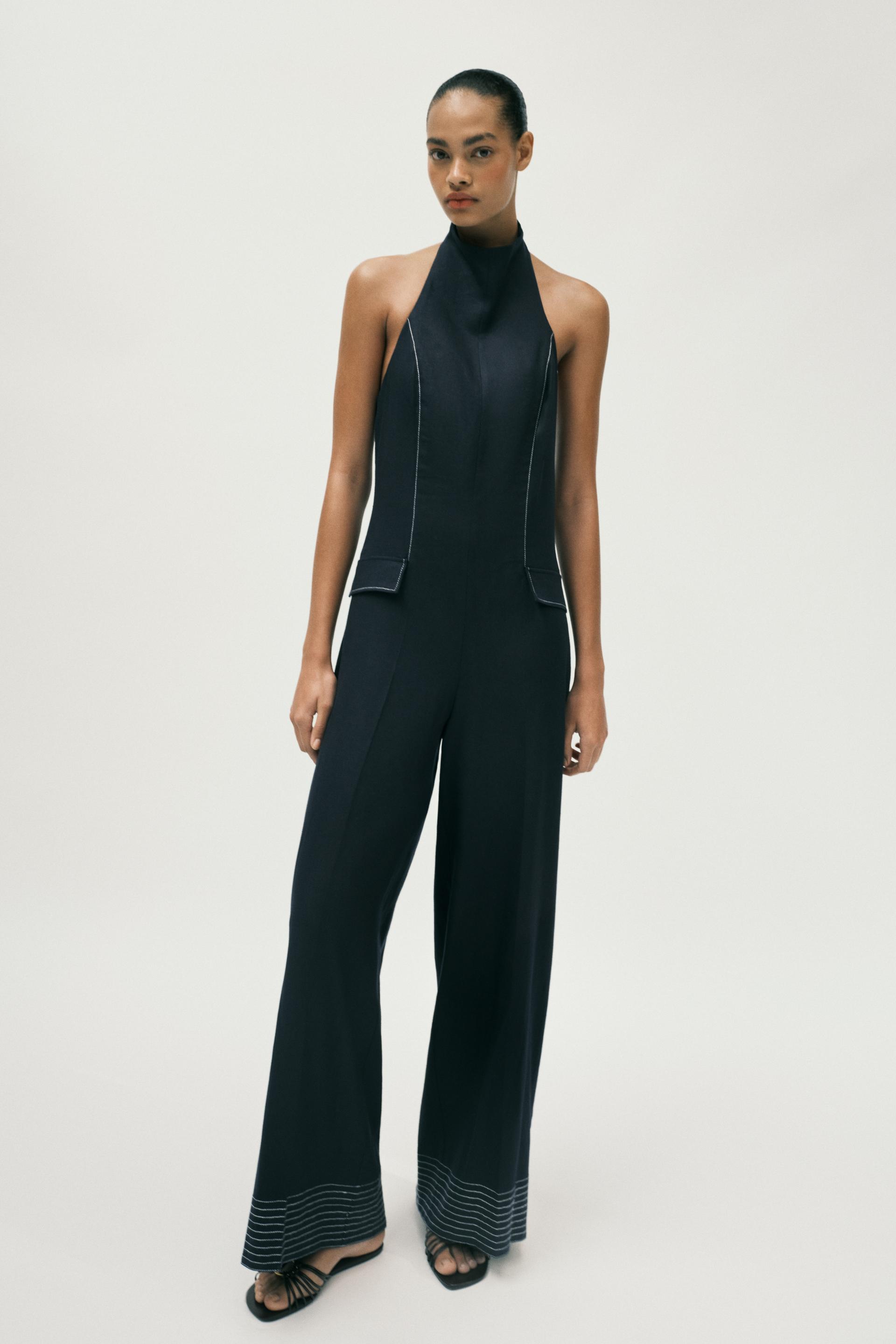 LINEN HALTER JUMPSUIT WITH CONTRAST TOPSTITCHING