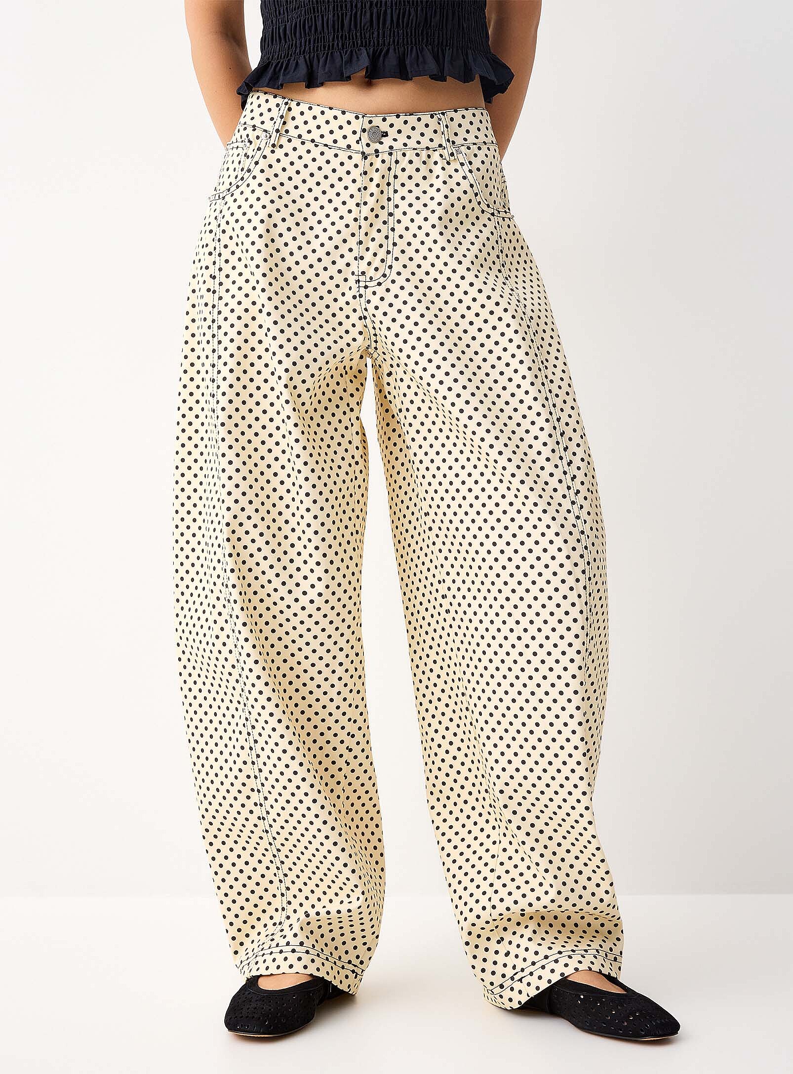 Polka-dotted barrel-leg jean