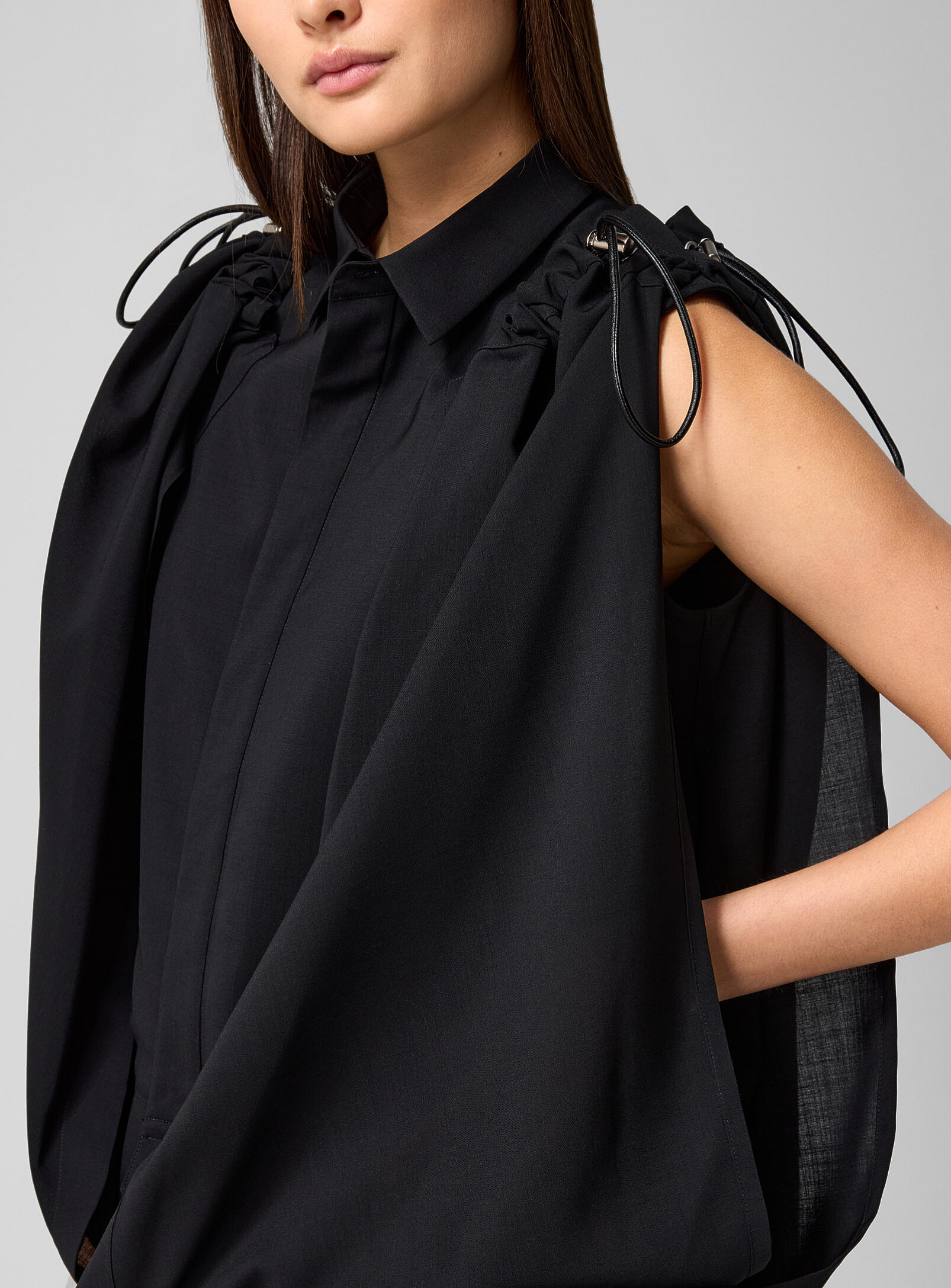 Drawcord draped pure wool blouse