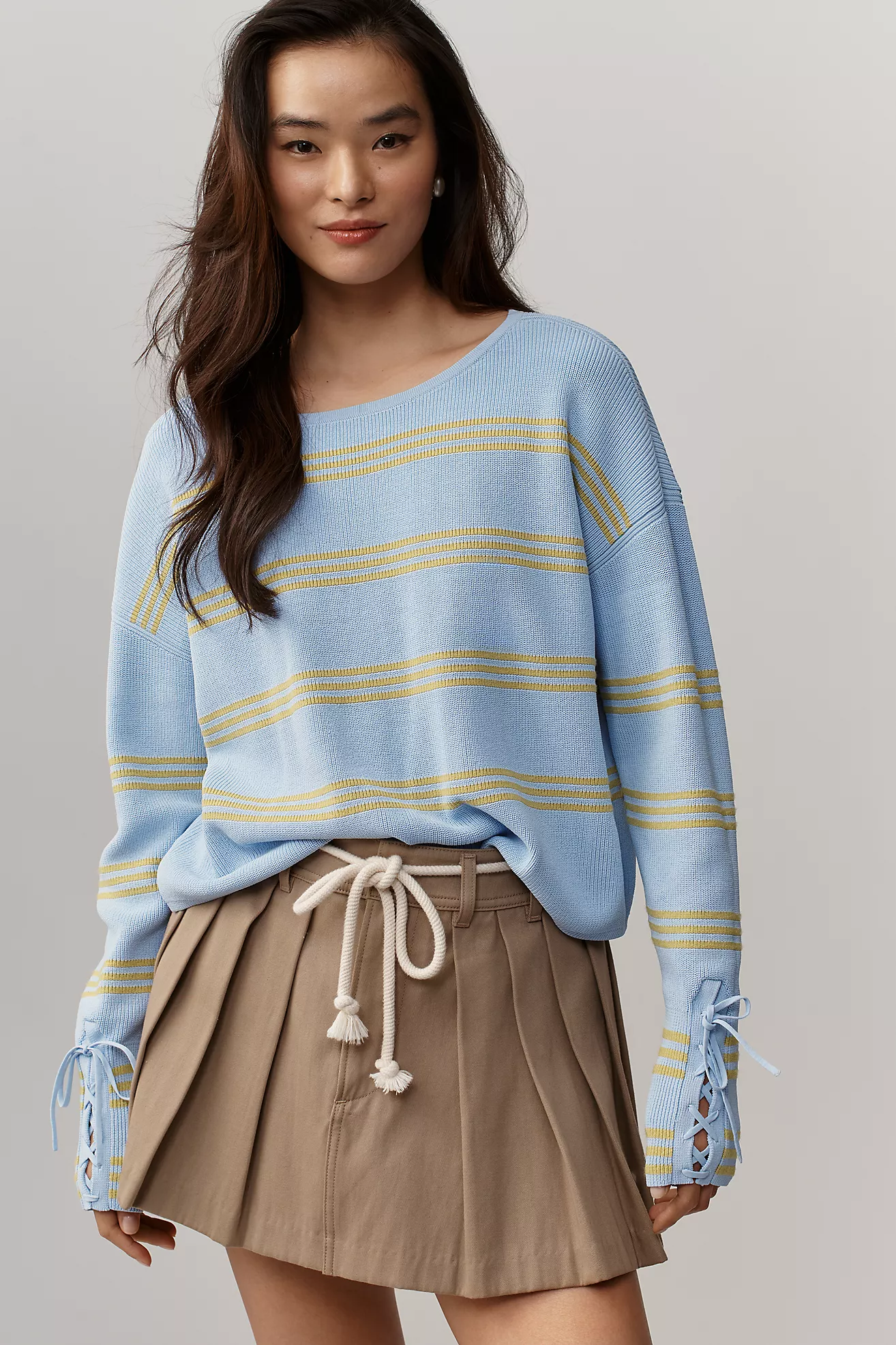 Maeve Boat-Neck Lace-Up-Sleeve Sweater