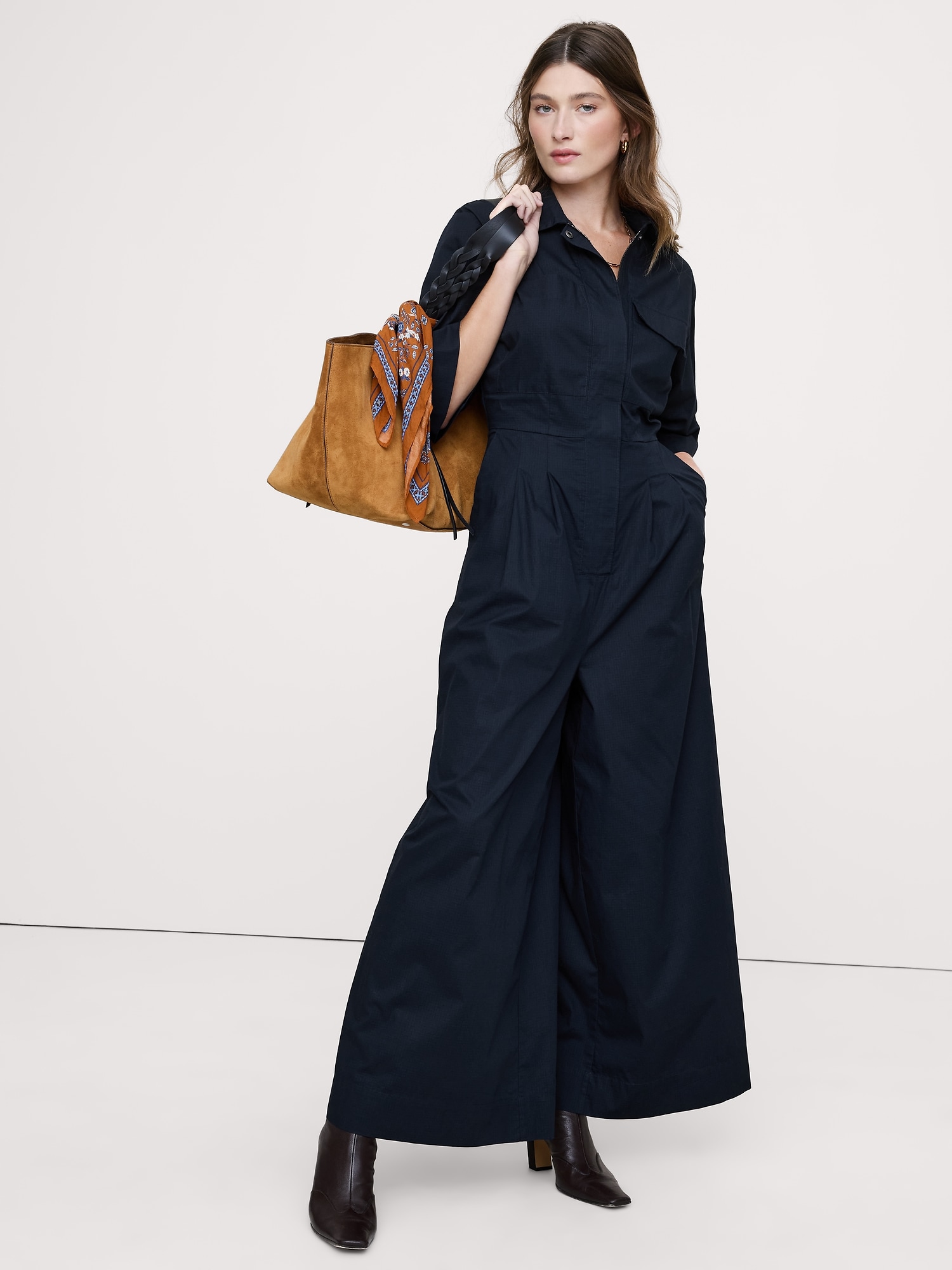 Stretch-Cotton Wide-Leg Utility Jumpsuit